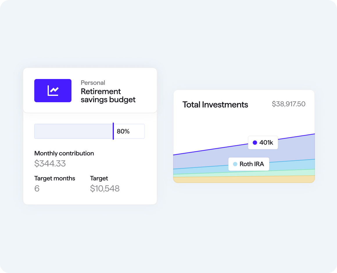 Quicken Simplifi user interface screens for savings goals feature progress bar titled retirement savings budget, as well as a total investments chart