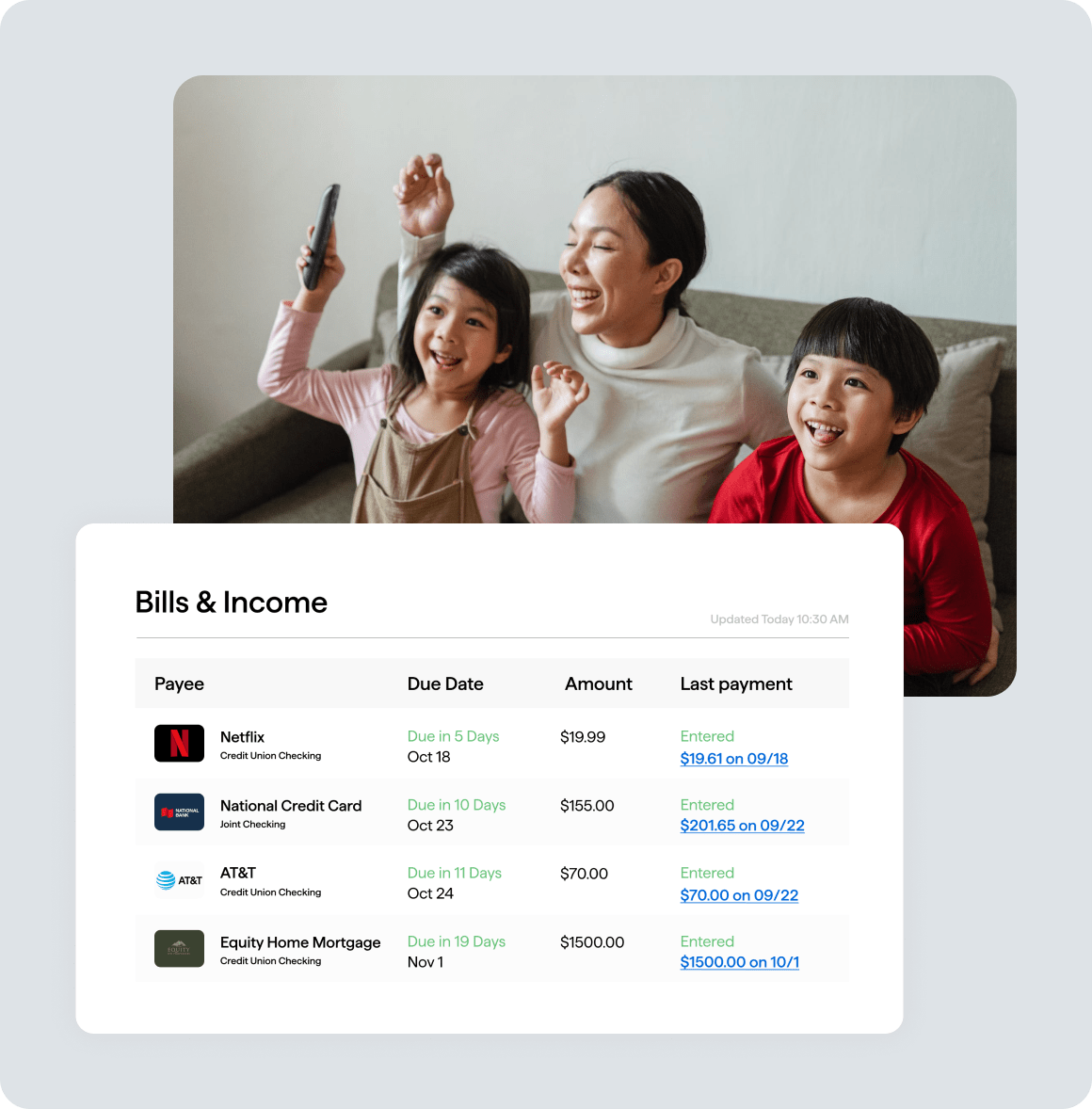 family raising hands with Quicken bills & income list user interface screen overlayed