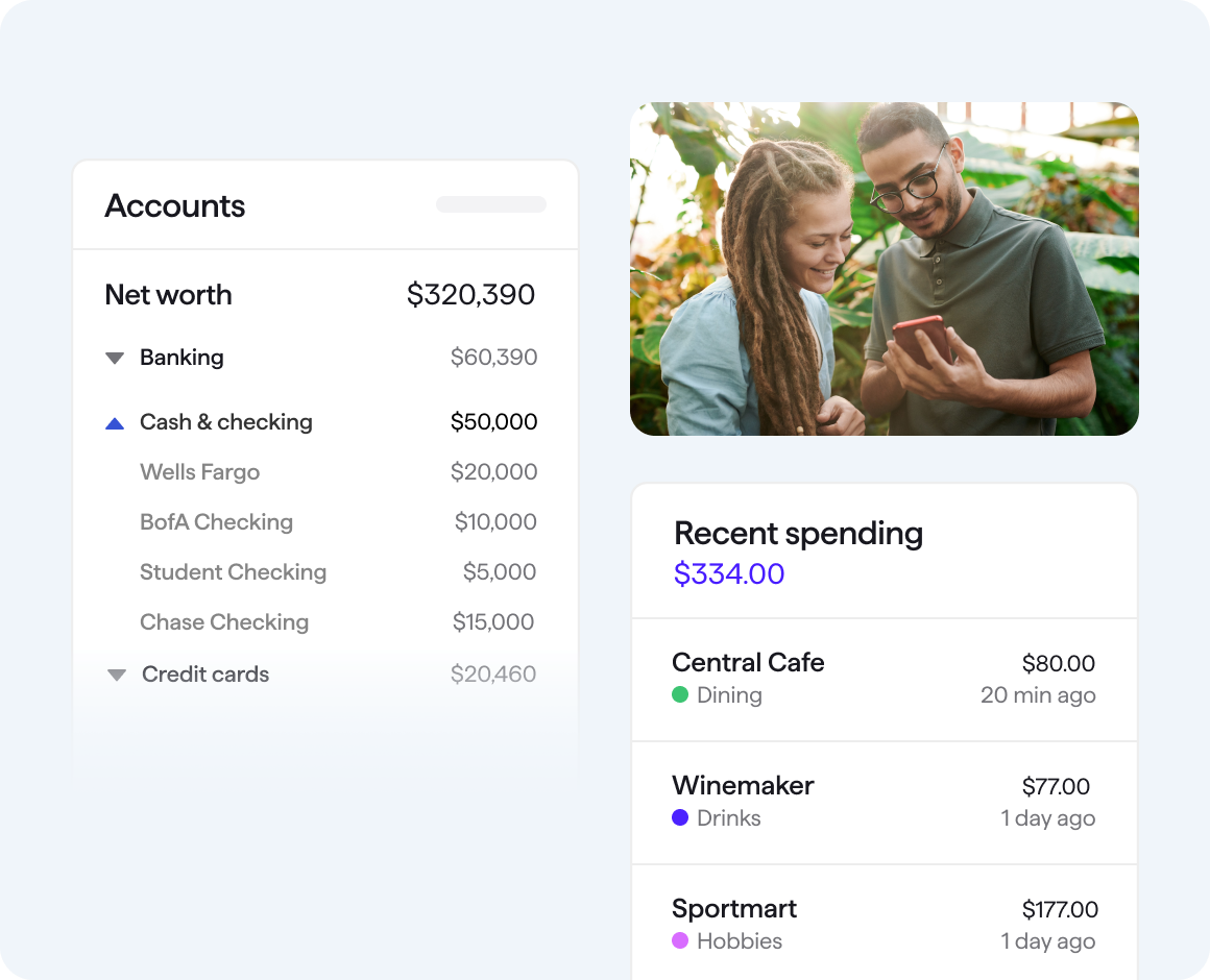 A guy sharing his mobile screen which displays accounts for all spending and recent spending with a girl.